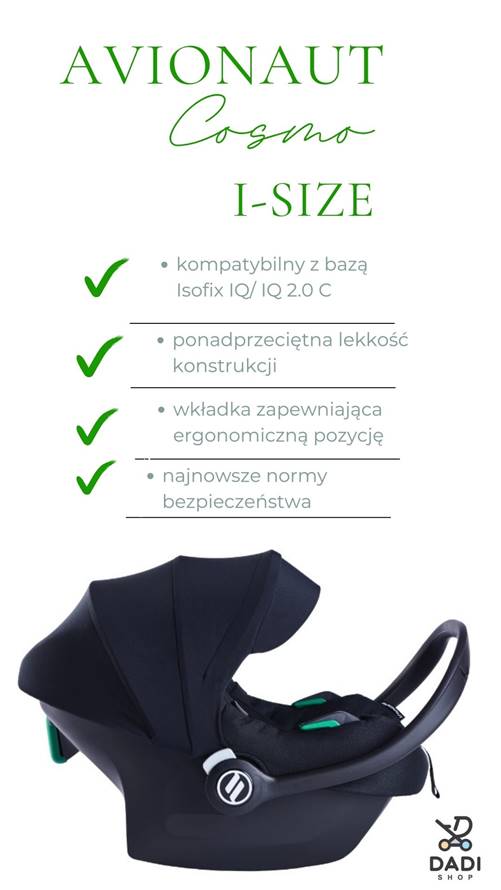 Fotelik dla niemowlaka Avionaut Cosmo i-Size – pierwszy fotelik samochodowy dla noworodka - infografika z funkcjami